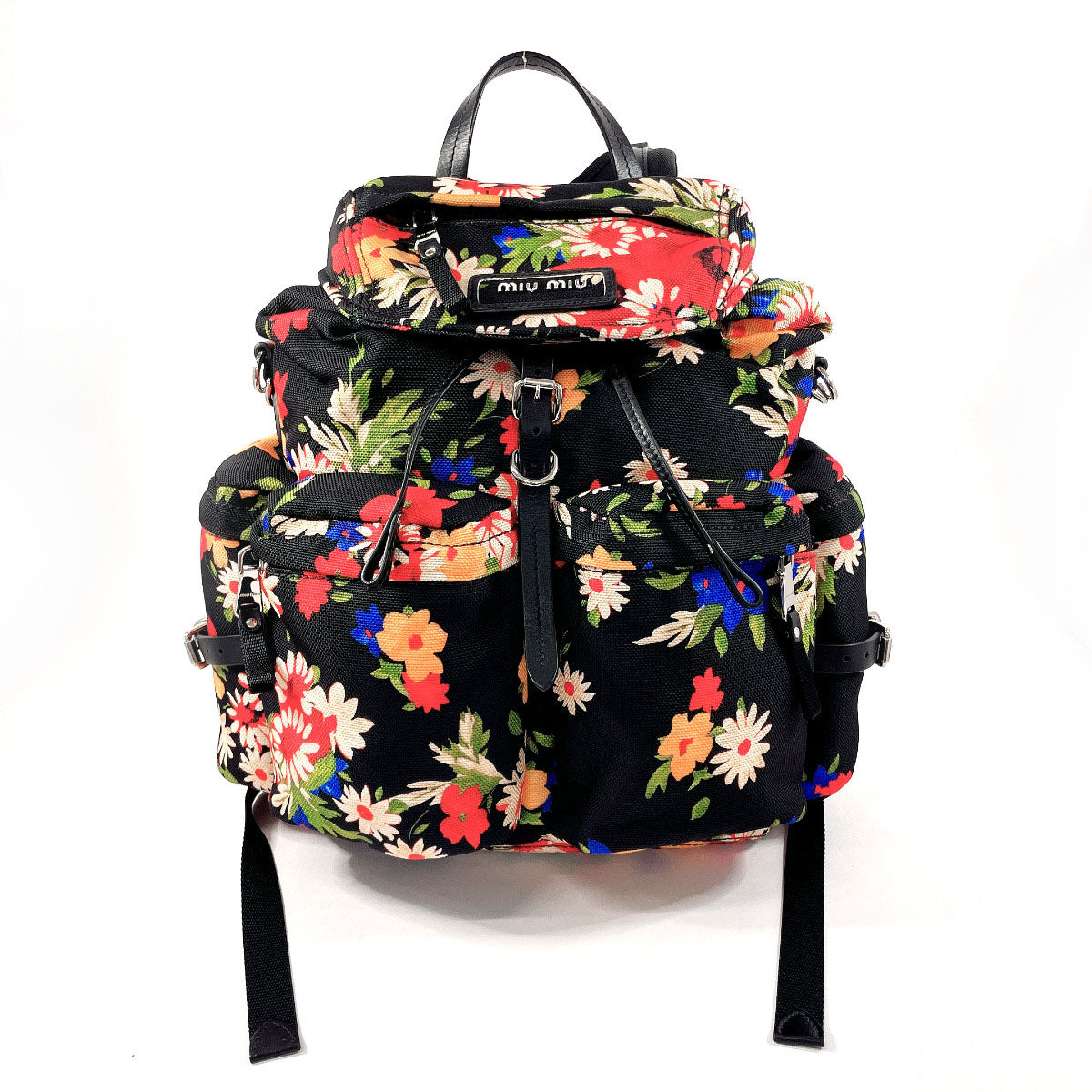 MIU MIU Backpack Daypack 5BZ033 Floral print canvas Black Black