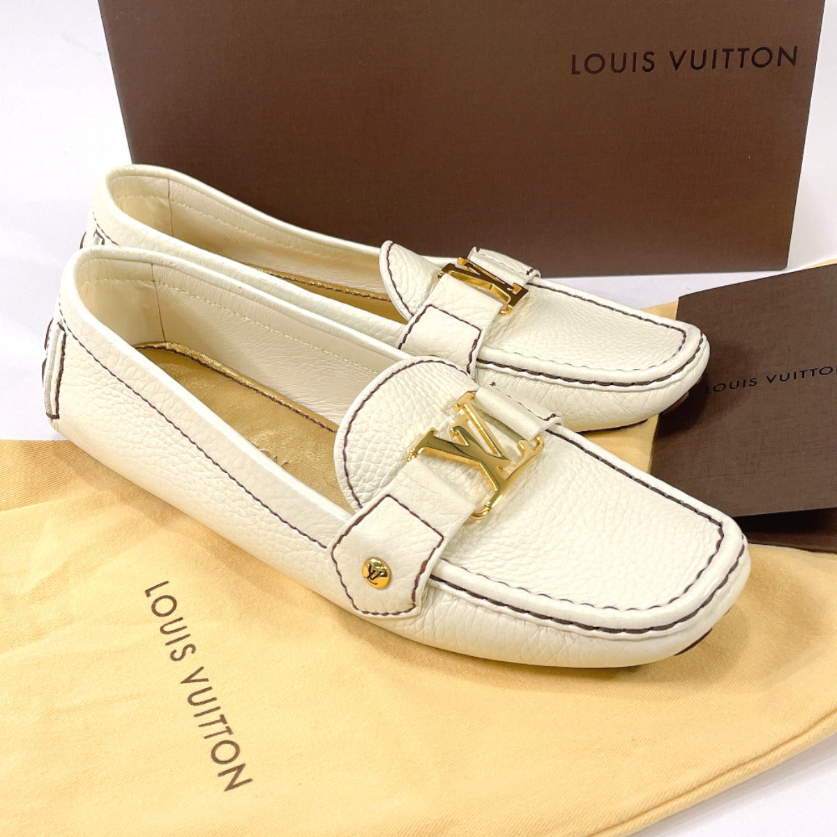 Louis Vuitton Gold Leather Lombok Driver Loafers Size 37.5 Louis Vuitton