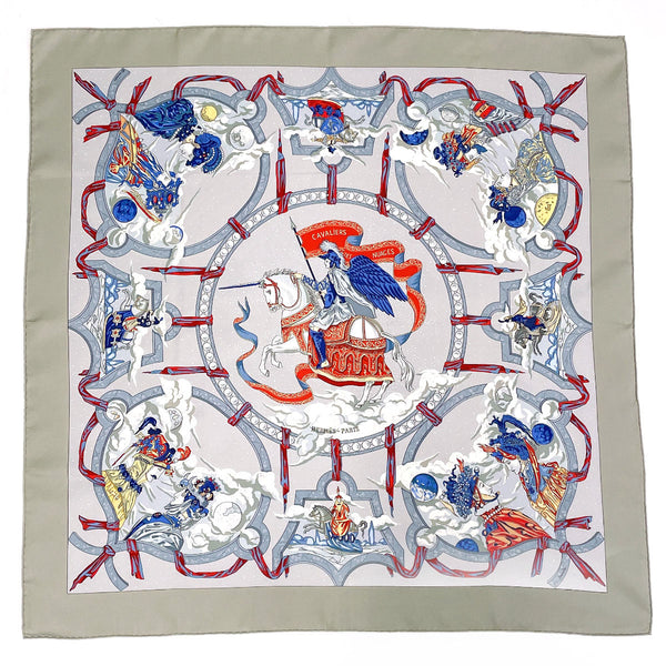 HERMES scarf Carre 90 CAVALIERS DES NUAGES silk gray Women Used