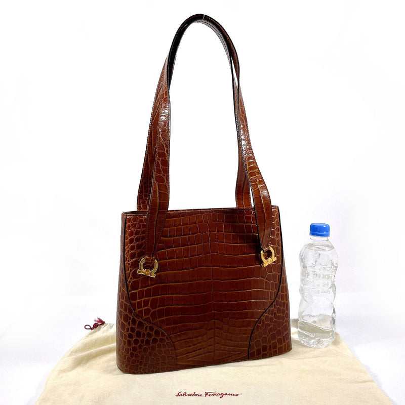 Salvatore Ferragamo Shoulder Bag Gancini Embossed crocodile leather Brown Women Used