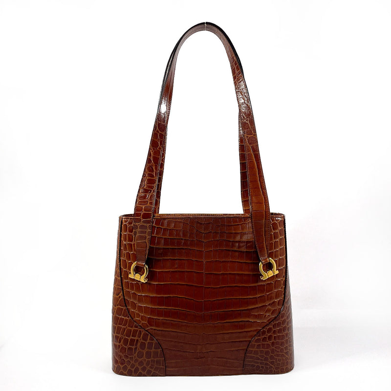 Salvatore Ferragamo Shoulder Bag Gancini Embossed crocodile leather Brown Women Used