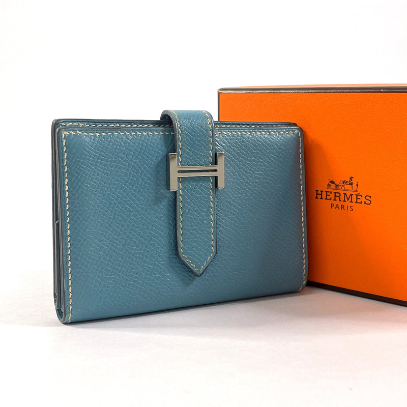 HERMES wallet bearn mini Card Case Epsom blue blue □KCarved seal Women Used