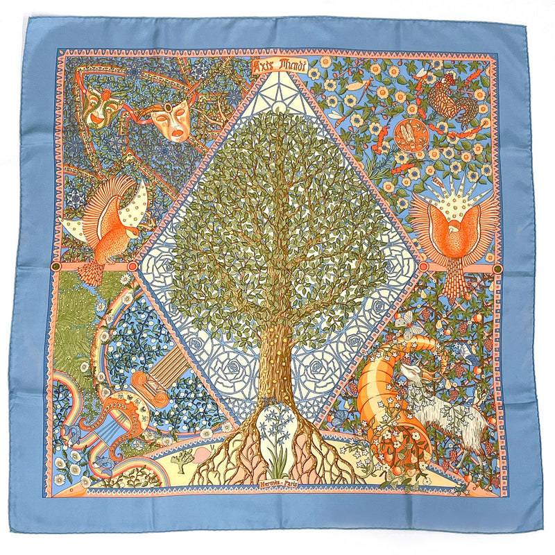 HERMES scarf Carre 90 Axis Mundi The central axis of the world silk blue Women Second hand