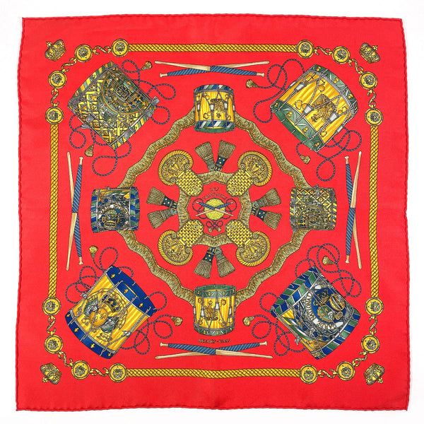 HERMES scarf Petit curry LES TAMBOURS Tambour drums silk Red Women Second hand