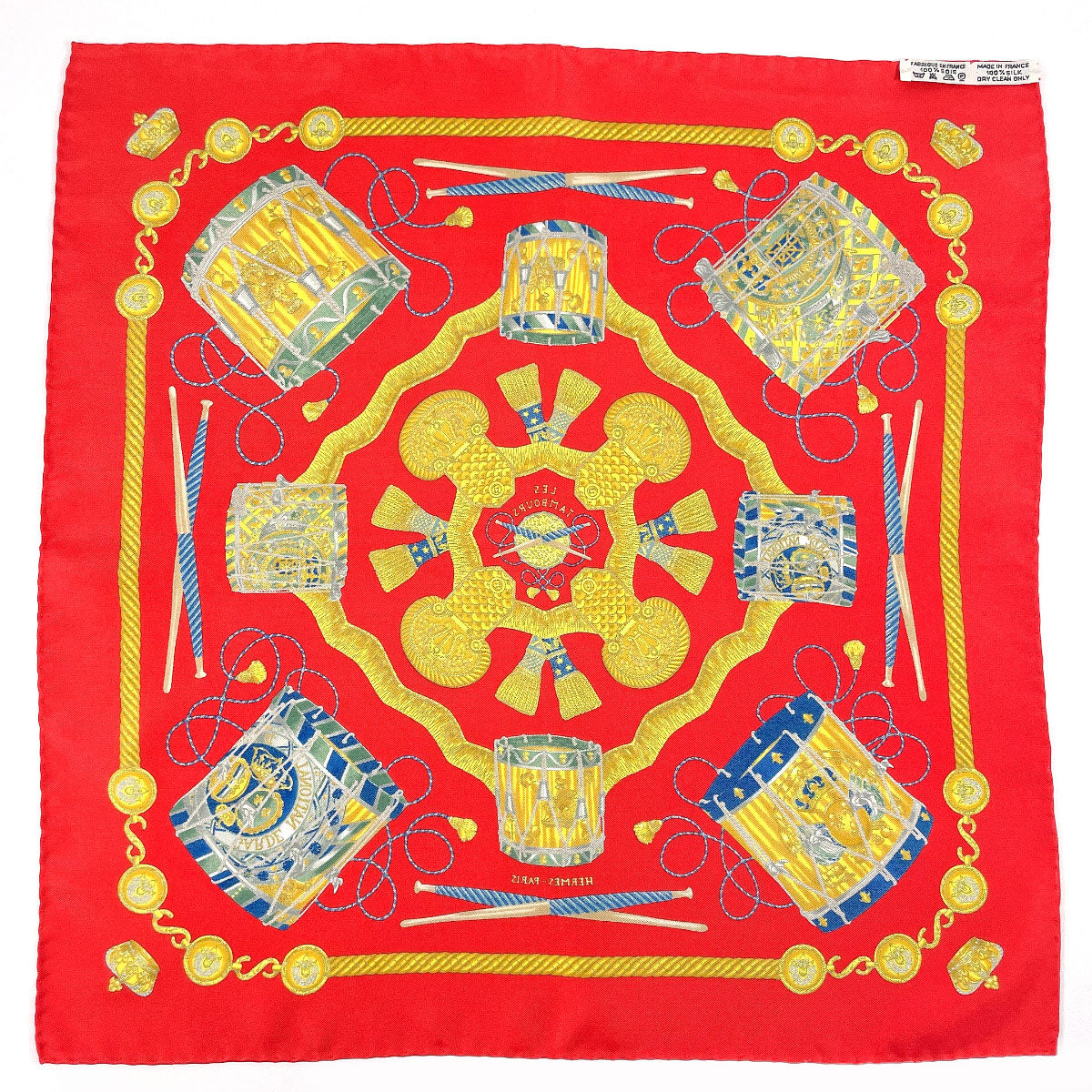 HERMES scarf Petit curry LES TAMBOURS Tambour drums silk Red Women