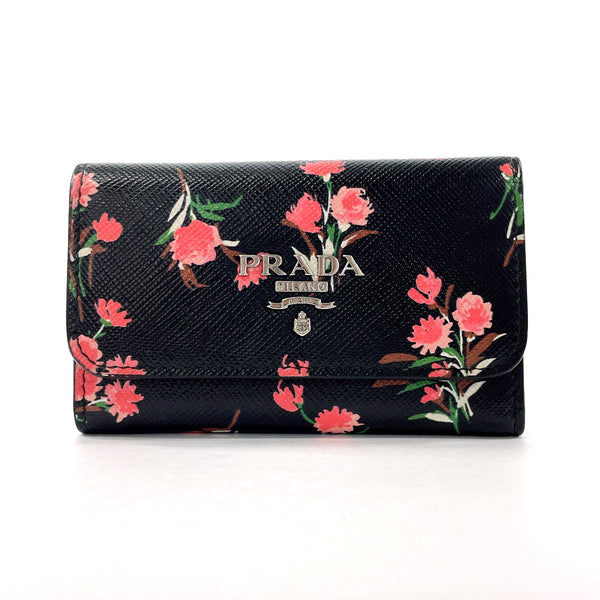 PRADA key holder  1PG222 Flower motif Safiano leather Black Women Second hand