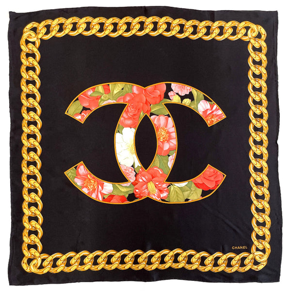 CHANEL scarf COCO Mark Chain Flower silk Black Women Second hand