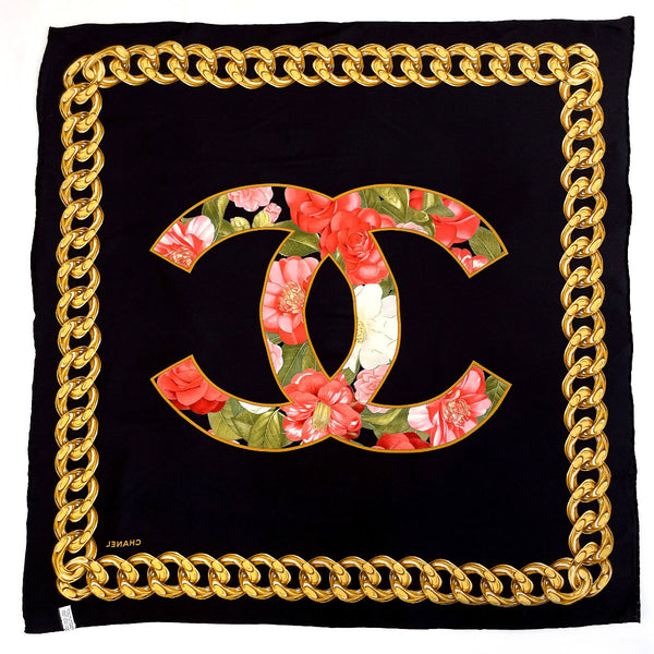 CHANEL scarf COCO Mark Chain Flower silk Black Women Second hand