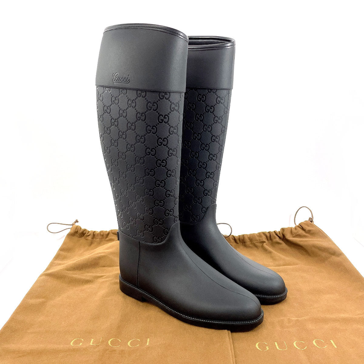 GUCCI Rain shoes GG rain boots rubber Black Women Second