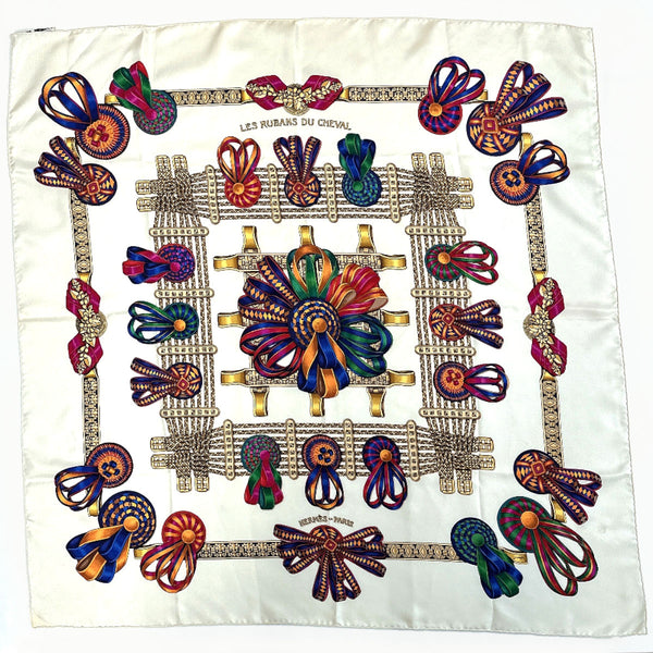HERMES scarf Carre 90 LES RUBANS DU CHEVAL Horse ribbon decoration silk white Women Second hand