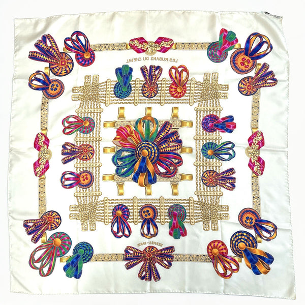 HERMES scarf Carre 90 LES RUBANS DU CHEVAL Horse ribbon decoration silk white Women Second hand