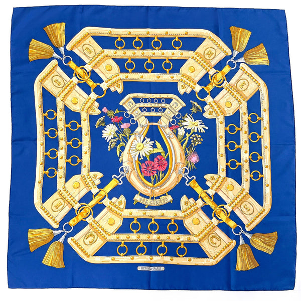 HERMES scarf Carre 90 AUX CHAMPS Field silk blue Women Second hand