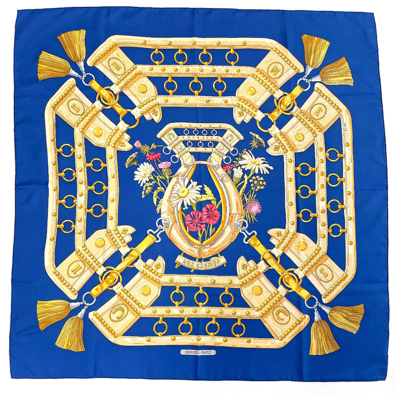 HERMES scarf Carre 90 AUX CHAMPS Field silk blue Women Second hand