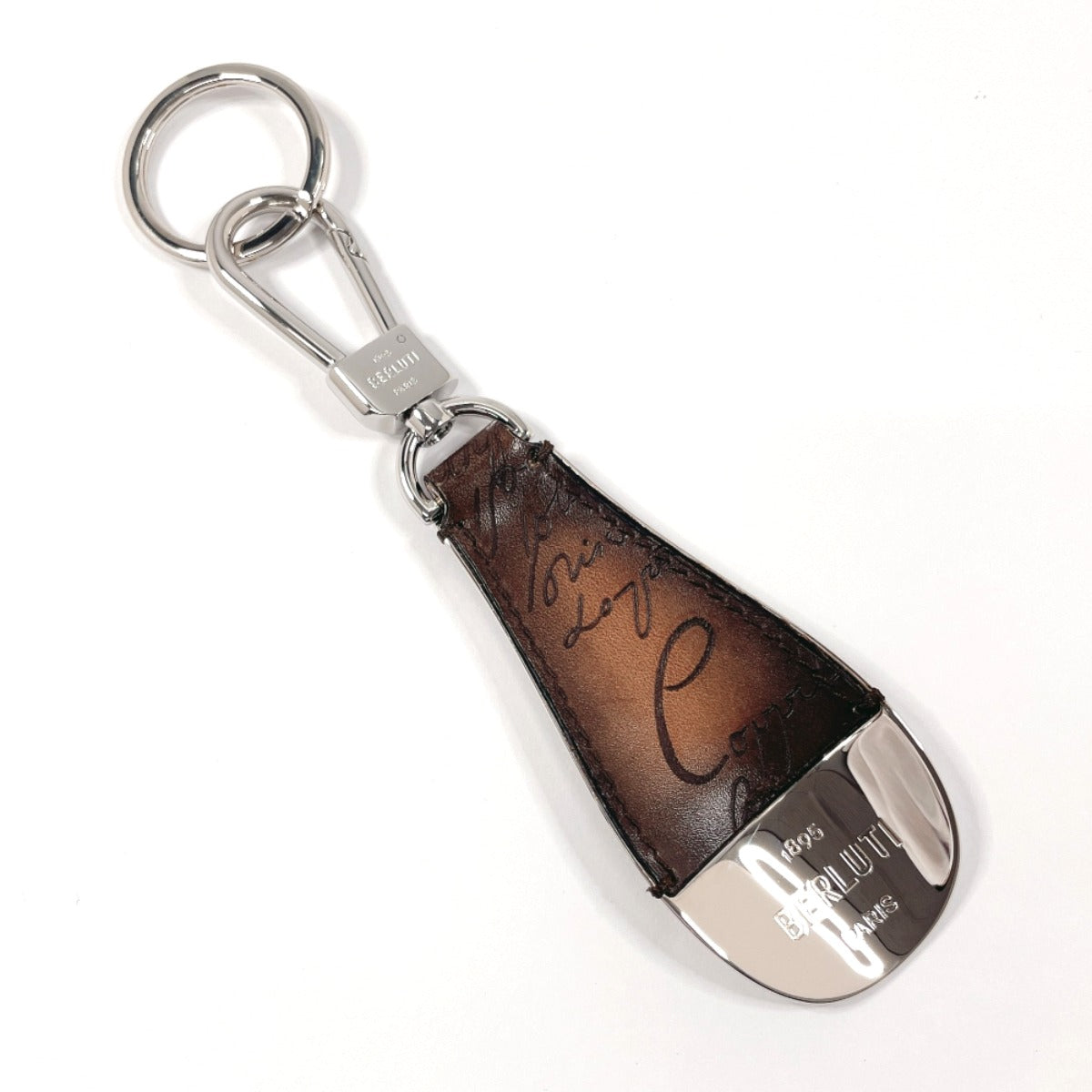 Berluti key ring Shoehorn Charm Calligraphy metal/leather Silver