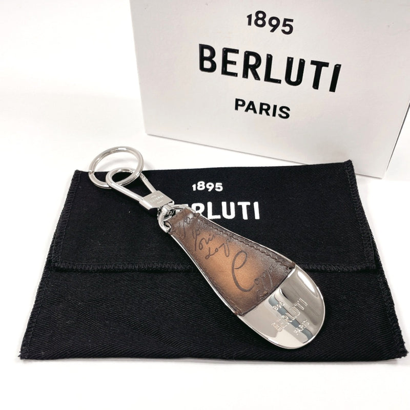 Berluti key ring Shoehorn Charm Calligraphy metal/leather Silver unisex Second hand
