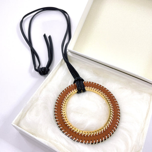 CELINE Necklace Long necklace leather/Gold Plated Brown Brown Women Used