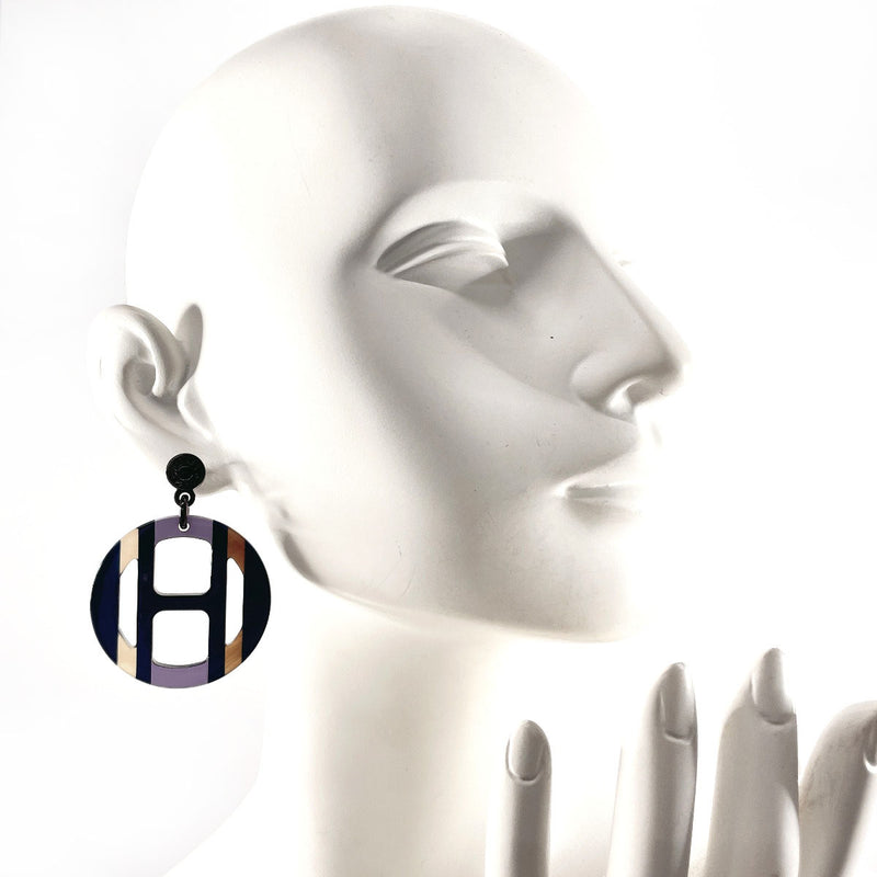 HERMES earring H Equip Buffalo horn/metal Navy Navy Women Used