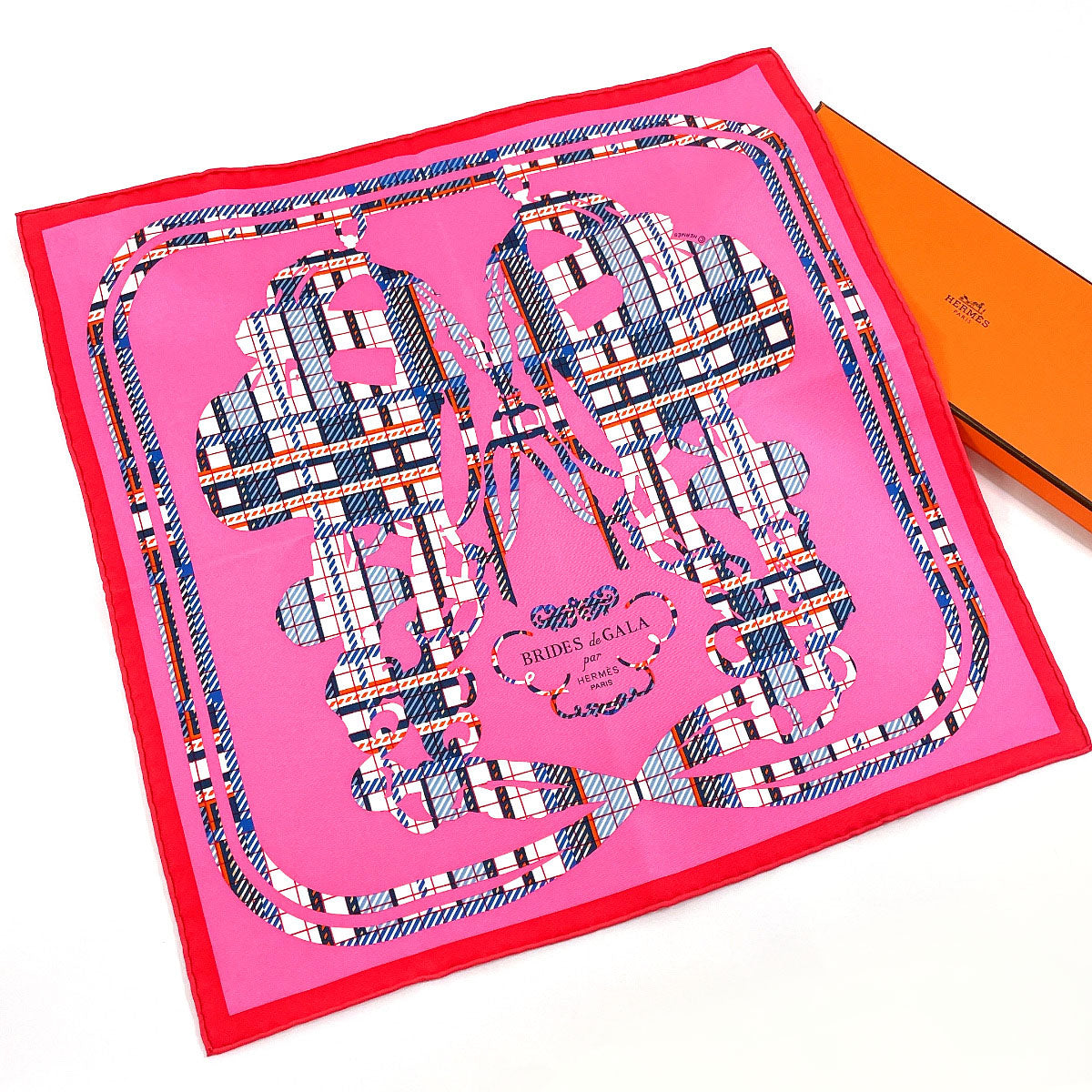 HERMES scarf 894052S Gavroche 45 BRIDES de GALA Tartan silk pink