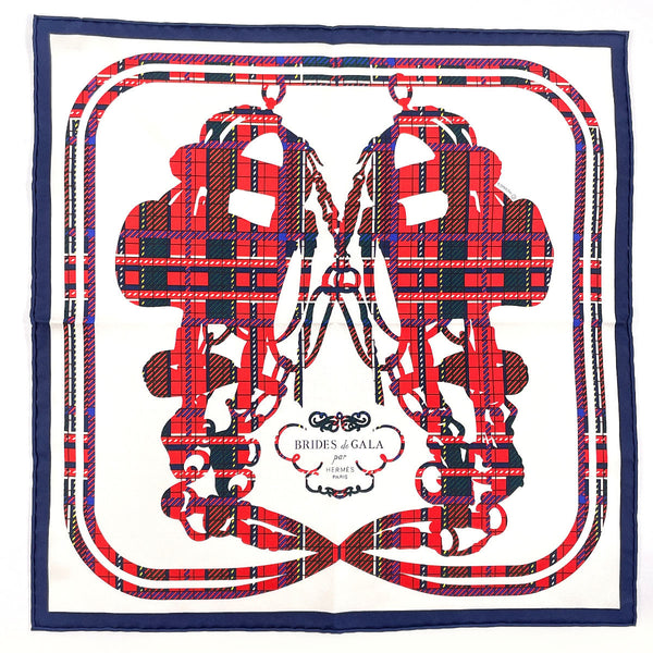 HERMES scarf Gavroche 45 BRIDES de GALA Tartan silk white white Women Second hand