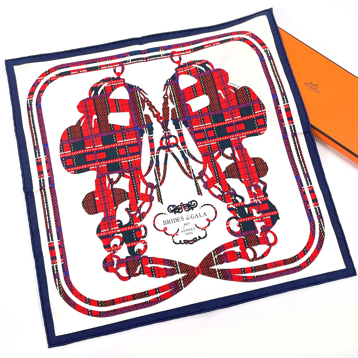 HERMES scarf Gavroche 45 BRIDES de GALA Tartan silk white white