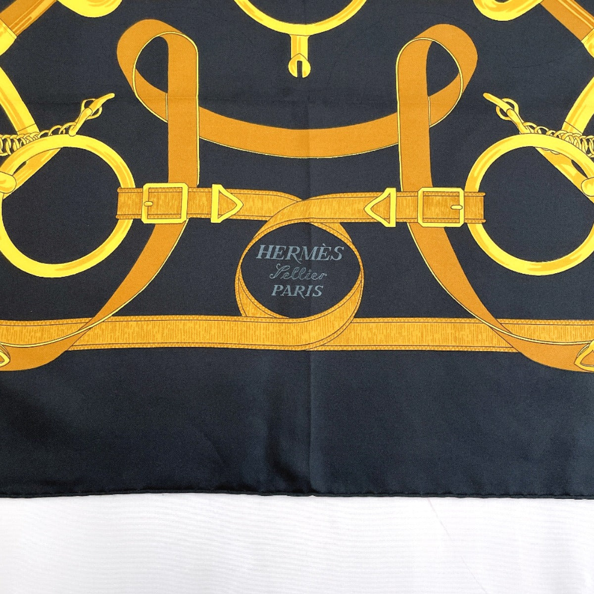 HERMES scarf Carre 90 Eperon d'or golden spurs silk Black Black