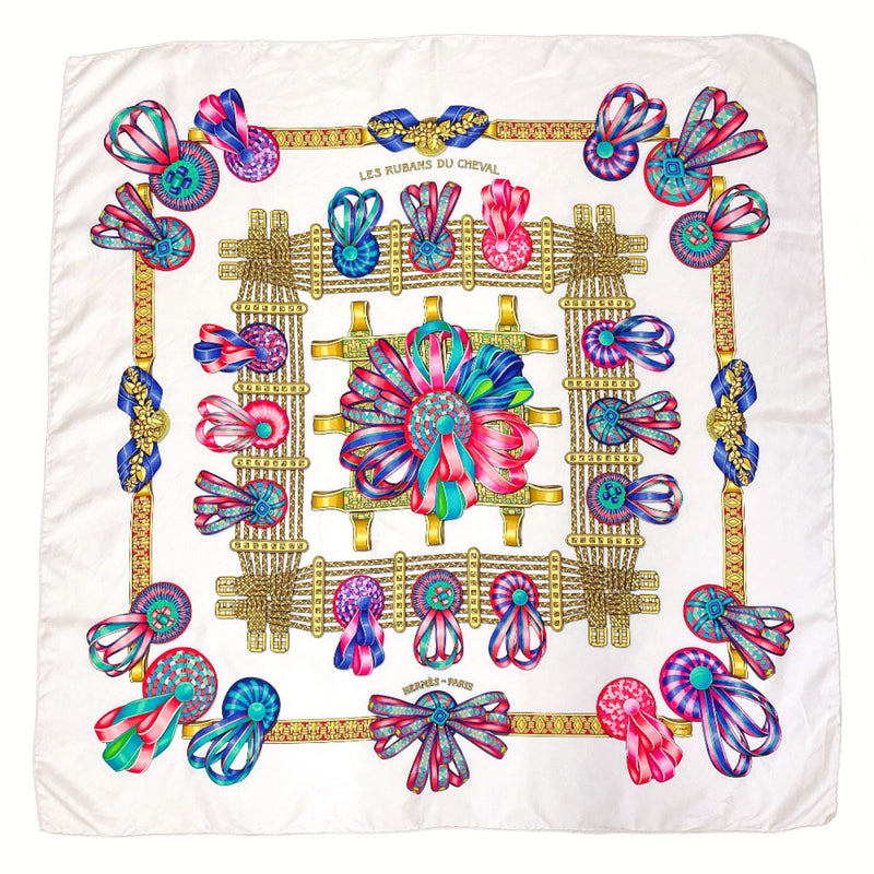 HERMES scarf Carre 90 LES RUBANS DU CHEVAL Horse Ribbon silk white Women Second hand