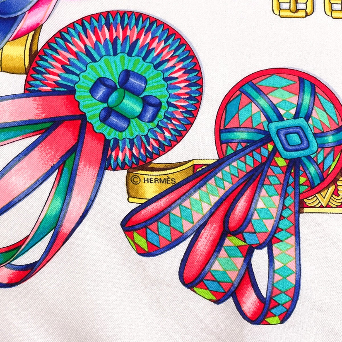HERMES scarf Carre 90 LES RUBANS DU CHEVAL Horse Ribbon silk white