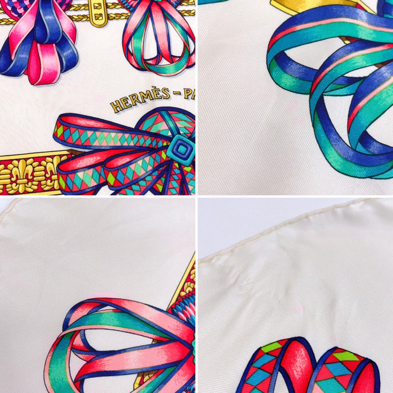 HERMES scarf Carre 90 LES RUBANS DU CHEVAL Horse Ribbon silk white