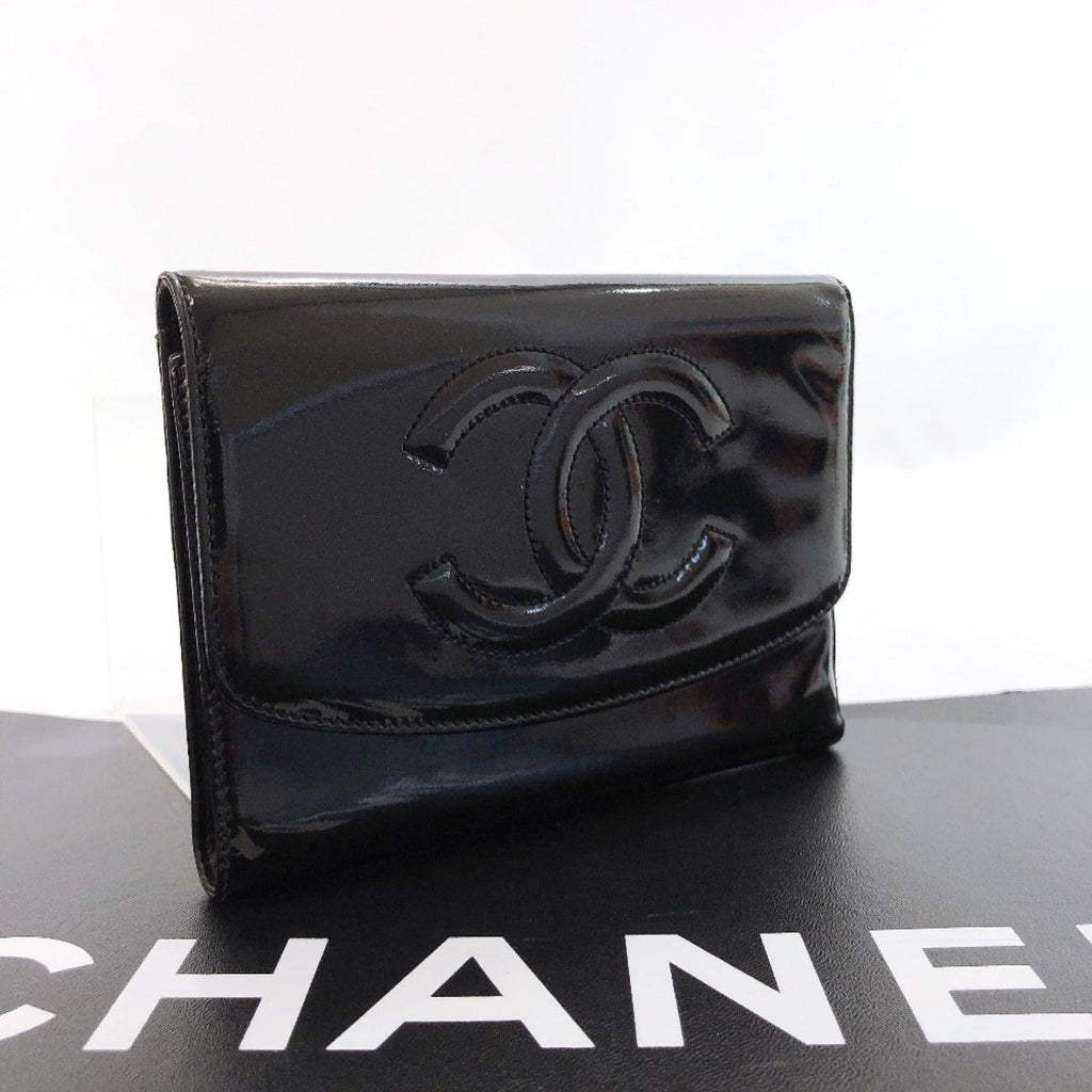 CHANEL Tri-fold wallet COCO Mark vintage Patent leather black Women Used