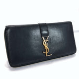 YVES SAINT LAURENT purse leather Navy gold Women Used