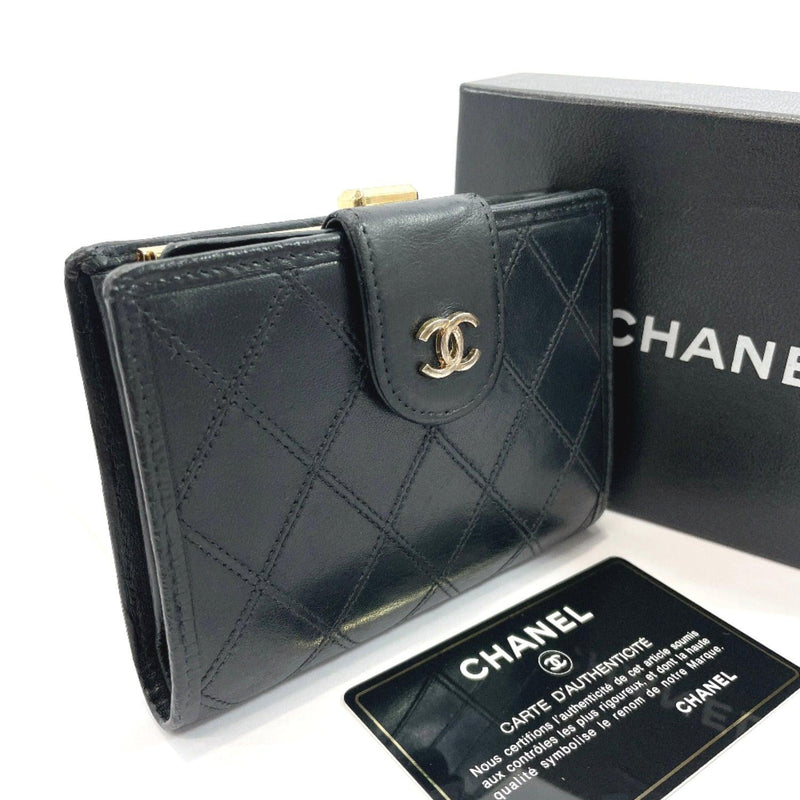 CHANEL Quilted Black Leather Bifold Long Wallet Purse Used Vintage France  Good