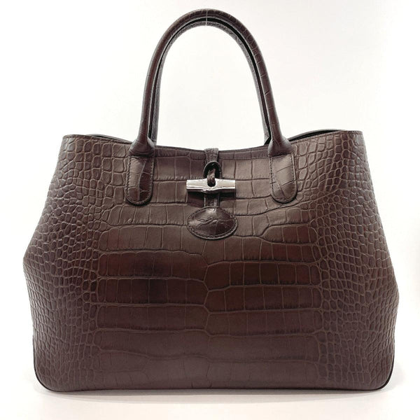 Longchamp Handbag leather Dark brown Women Used - JP-BRANDS.com
