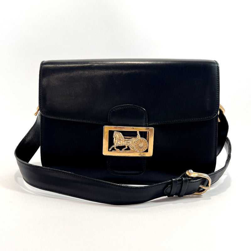 CELINE Horse carriage Leather Crossbody Shoulder bag Black Vintage