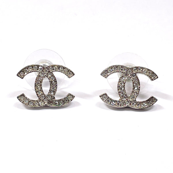 Chanel 2000s Silver Coco Mark Pearl and Rhinestones Stud Earrings · INTO
