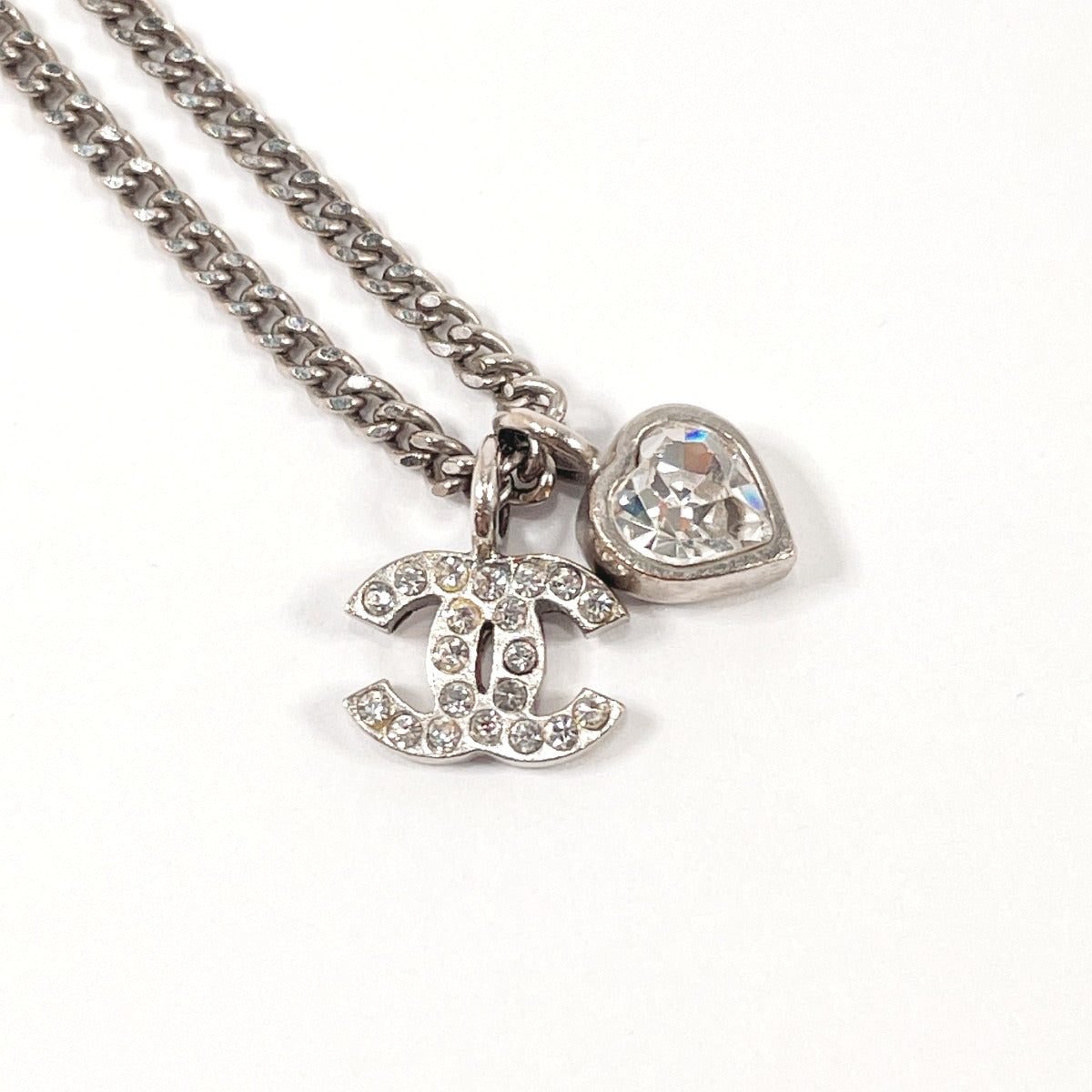 CHANEL Necklace CC Logo Heart Charms Silver Tone Metal Coco 04P Authentic