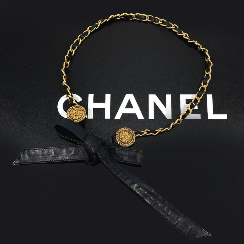 CHANEL Logo Chain Leather Belt 35 Gold Tone 93P Auth w/Box v1514