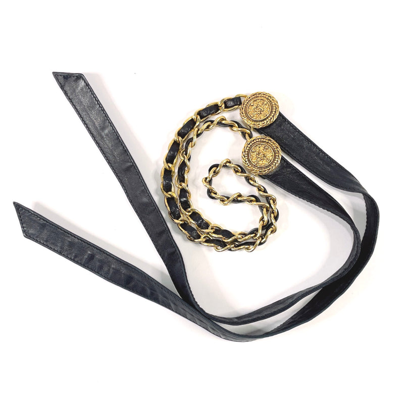 CHANEL belt Chain belt COCO Mark Ribbon leather/Gold Plated Black Blac –