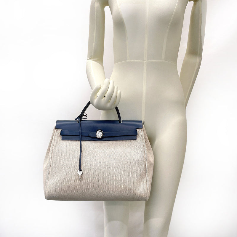 HERMES Herbag PM Hand Bag Leather Beige x Navy Used 230509T
