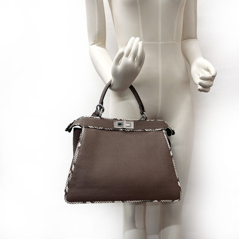 Authentic FENDI Mini PEEKABOO Bag in GRAY Leather PYTHON Handle NEW, Unworn