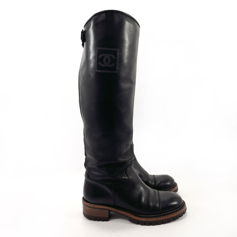 Chanel Real Leather Knee High Cc Mark Logo Riding Boots Black 