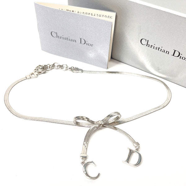 Dior Necklace Ribbon motif CD logo metal Silver Women Used