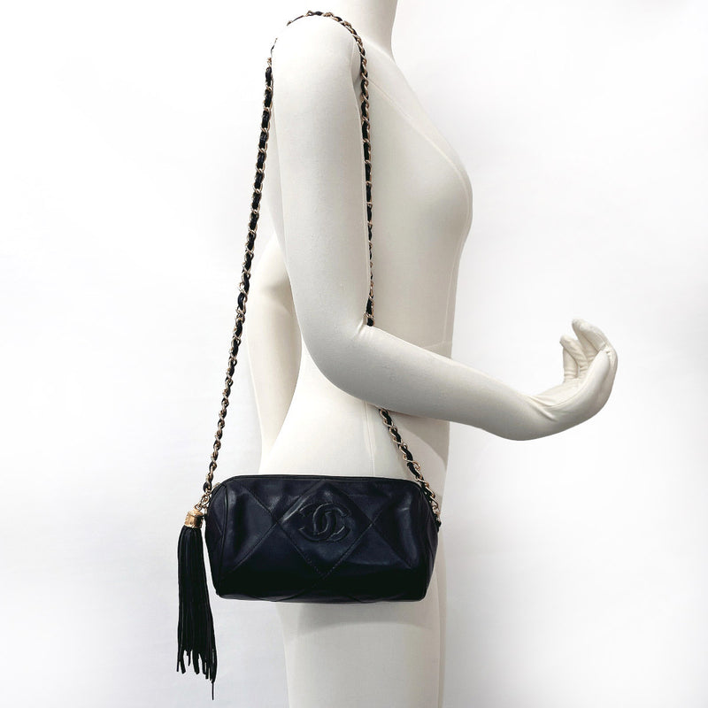 CHANEL Shoulder Bag Matelasse ChainShoulder fringe lambskin Black Women Used
