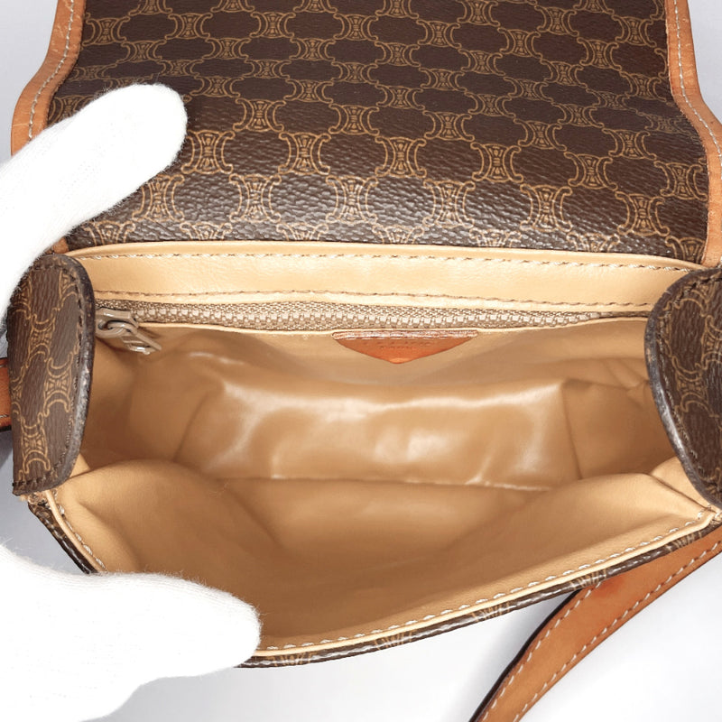 CELINE Vintage Macadam Logo Shoulder Bag Pochette Leather Fur White Gold  RankAB