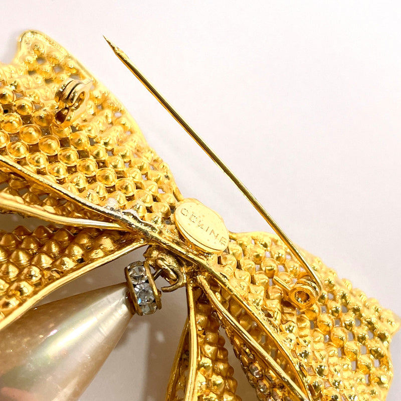 CELINE Brooch ribbon metal/Rhinestone gold Women Used –