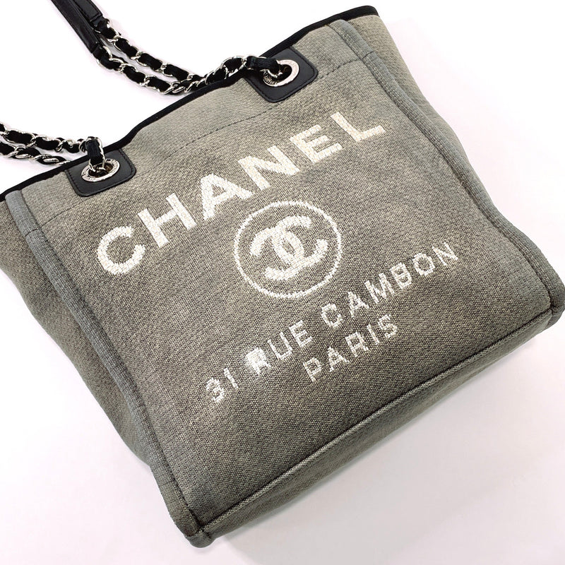 CHANEL Tote Bag Deauville PM canvas/leather gray Women Used