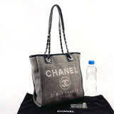 CHANEL Tote Bag Deauville PM canvas/leather gray Women Used