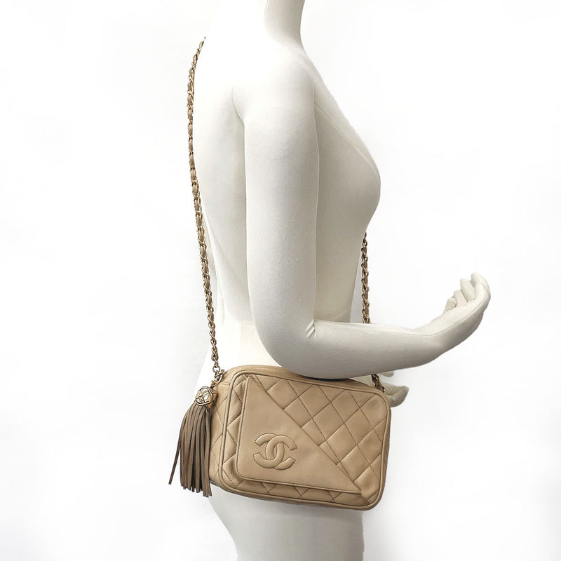 CHANEL Shoulder Bag Matelasse ChainShoulder COCO Mark Fringe lambskin beige Women Used