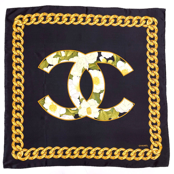CHANEL scarf COCO Mark Chain silk Black Women Used