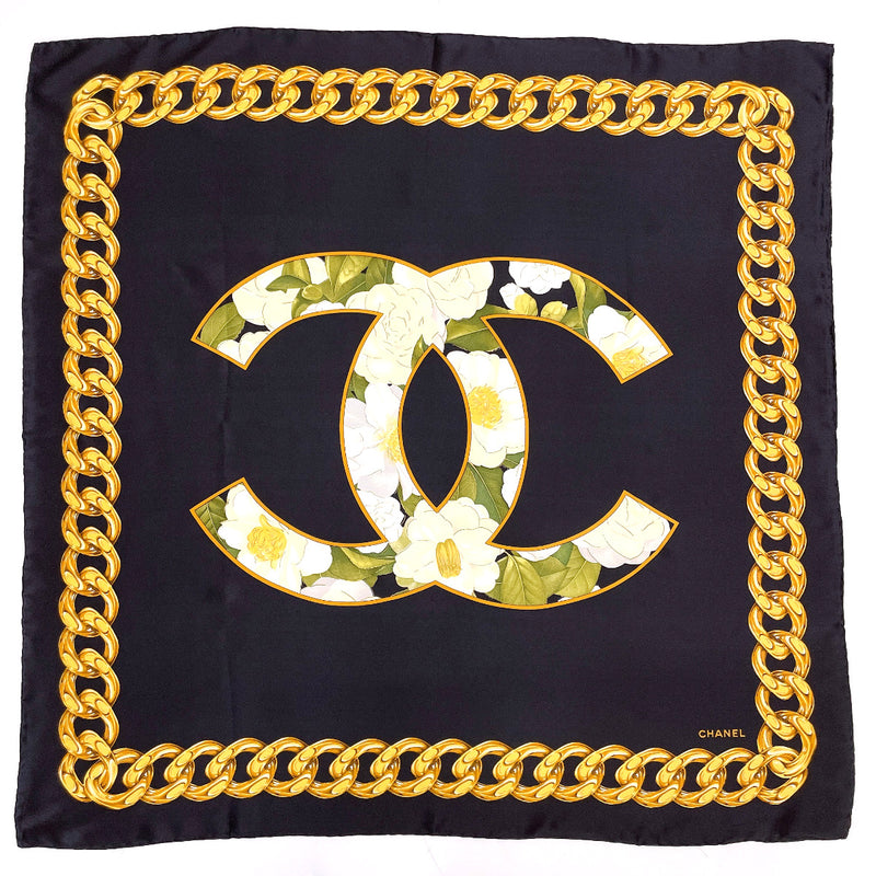 CHANEL scarf COCO Mark Chain silk Black Women Used