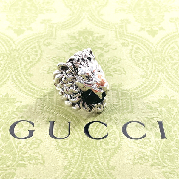 GUCCI Ring Lion head Silver/crystal #14(JP Size) Silver mens Used